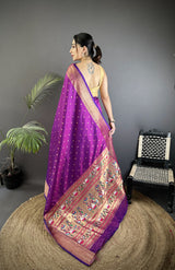 Dista Elora Purple Soft Lichi Silk Butti Meenakari Work Paithani Saree, view 3