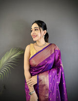 Dista Elora Purple Soft Lichi Silk Butti Meenakari Work Paithani Saree, view 4