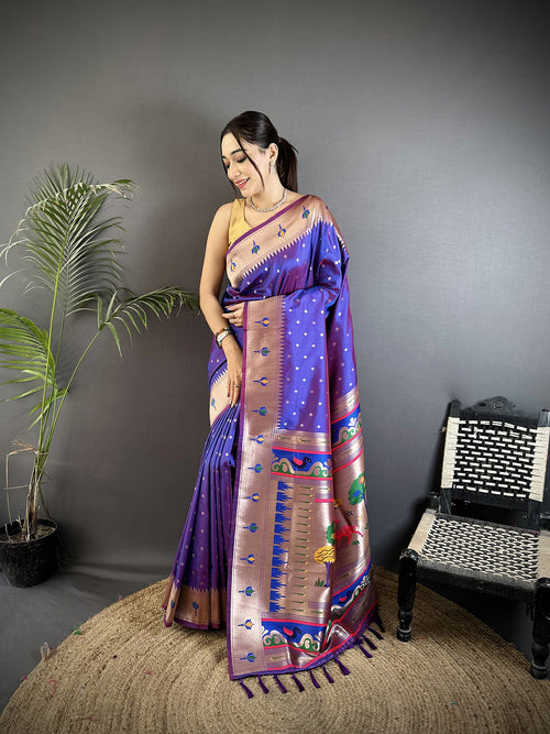 Dista Elora Purple Soft Lichi Silk Peacock & Floral Motifs Jacquard Kanchipuram Saree