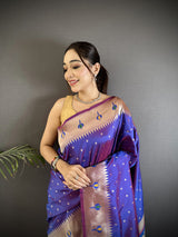 Dista Elora Purple Soft Lichi Silk Peacock & Floral Motifs Jacquard Kanchipuram Saree, view 3