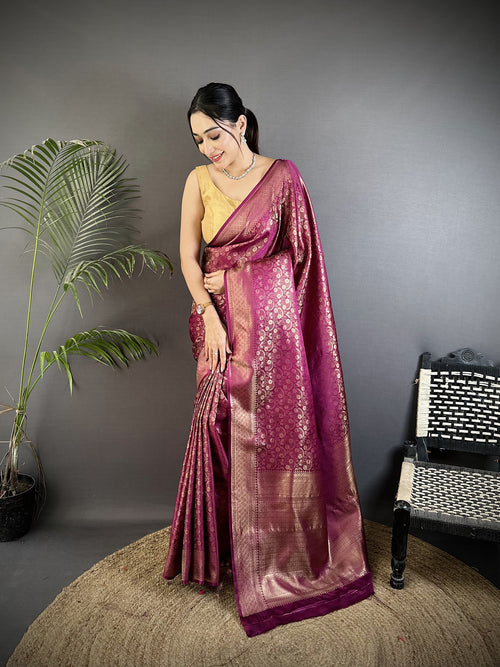 Dista Elora Purple Soft Satin Silk Floral & Paisley Motifs Banarasi Saree