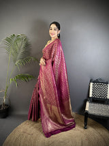 Dista Elora Purple Soft Satin Silk Floral & Paisley Motifs Banarasi Saree, view 2