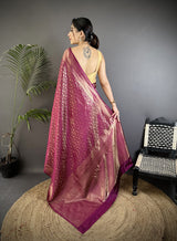 Dista Elora Purple Soft Satin Silk Floral & Paisley Motifs Banarasi Saree, view 3