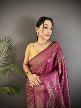 Dista Elora Purple Soft Satin Silk Floral & Paisley Motifs Banarasi Saree, view 4