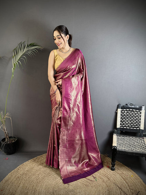 Dista Elora Purple Soft Satin Silk Paisley & Floral Banarasi Saree