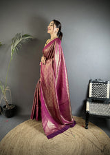 Dista Elora Purple Soft Satin Silk Paisley & Floral Banarasi Saree, view 2