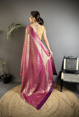Dista Elora Purple Soft Satin Silk Paisley & Floral Banarasi Saree, view 3