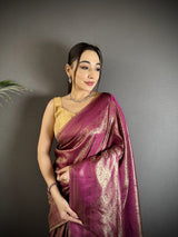 Dista Elora Purple Soft Satin Silk Paisley & Floral Banarasi Saree, view 5