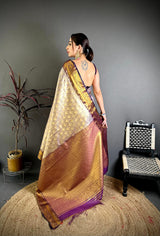 Dista Elora Purple Soft Silk Ikkat Leheriya Weaving Saree, view 3