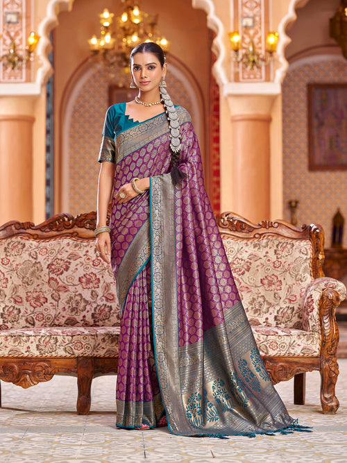 Dista Elora Purple Soft Silk Woven Banarasi Silk Zari Jacquard Work Designer Saree