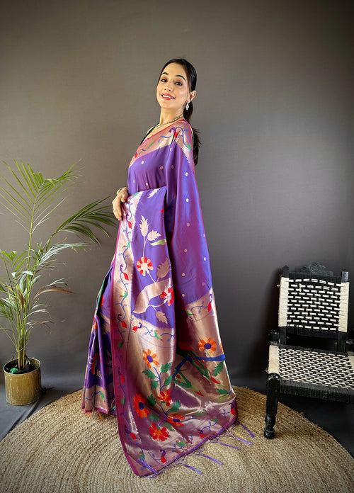 Dista Elora Purple Soft Silk Zari Woven Floral Motifs Paithani Saree