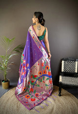 Dista Elora Purple Soft Silk Zari Woven Floral Motifs Paithani Saree, view 2
