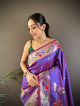 Dista Elora Purple Soft Silk Zari Woven Floral Motifs Paithani Saree, view 3