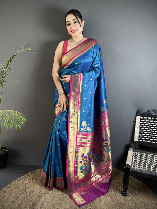 Dista Elora Rama Blue Lichi Silk Floral Motifs Zari Weaving Paithani Saree