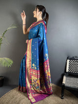 Dista Elora Rama Blue Lichi Silk Floral Motifs Zari Weaving Paithani Saree, view 2