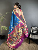 Dista Elora Rama Blue Lichi Silk Floral Motifs Zari Weaving Paithani Saree, view 3
