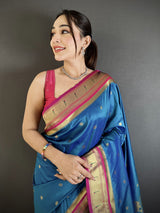 Dista Elora Rama Blue Lichi Silk Floral Motifs Zari Weaving Paithani Saree, view 4