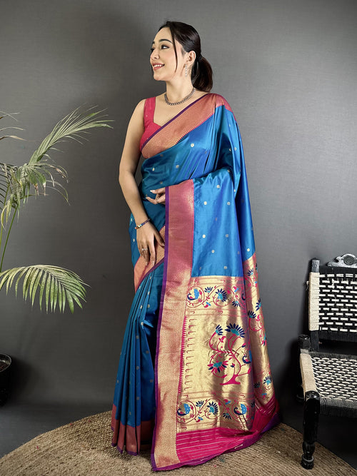 Dista Elora Rama Blue Lichi Silk Peacock Motifs Zari weaving Paithani Saree