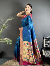 Dista Elora Rama Blue Lichi Silk Peacock Motifs Zari weaving Paithani Saree, view 2
