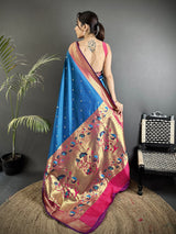 Dista Elora Rama Blue Lichi Silk Peacock Motifs Zari weaving Paithani Saree, view 3