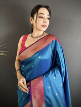 Dista Elora Rama Blue Lichi Silk Peacock Motifs Zari weaving Paithani Saree, view 4