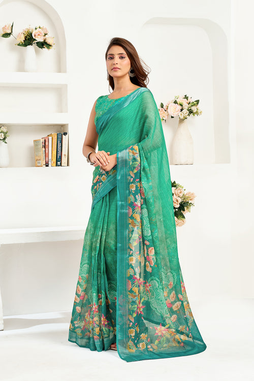 Dista Elora Rama Green Linen Floral Printed Ready to Wear Saree