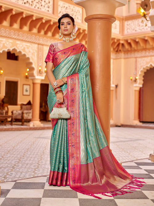 Dista Elora Rama Green Munga Zari Silk Kanjivaram With Zig Zag Pattern Saree