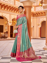 Dista Elora Rama Green Munga Zari Silk Kanjivaram With Zig Zag Pattern Saree, view 2