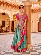 Dista Elora Rama Green Munga Zari Silk Kanjivaram With Zig Zag Pattern Saree, view 4