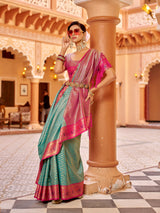 Dista Elora Rama Green Munga Zari Silk Kanjivaram With Zig Zag Pattern Saree, view 5