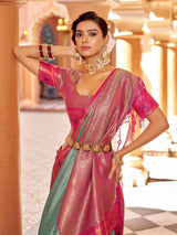 Dista Elora Rama Green Munga Zari Silk Kanjivaram With Zig Zag Pattern Saree, view 6