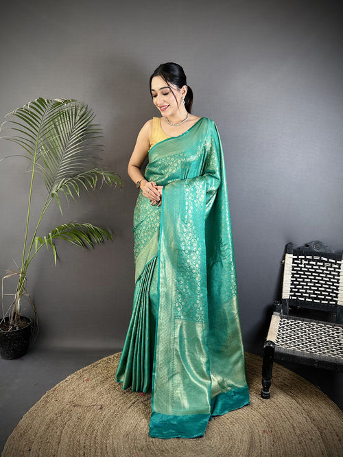 Dista Elora Rama Green Soft Satin Silk Floral & Paisley Motifs Banarasi Saree