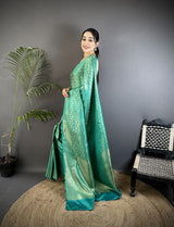 Dista Elora Rama Green Soft Satin Silk Floral & Paisley Motifs Banarasi Saree, view 2