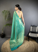 Dista Elora Rama Green Soft Satin Silk Floral & Paisley Motifs Banarasi Saree, view 3