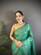 Dista Elora Rama Green Soft Satin Silk Floral & Paisley Motifs Banarasi Saree, view 4