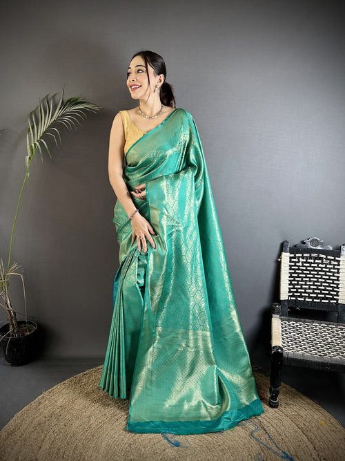 Dista Elora Rama Green Soft Satin Silk Paisley & Floral Banarasi Saree