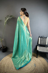 Dista Elora Rama Green Soft Satin Silk Paisley & Floral Banarasi Saree, view 3