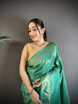 Dista Elora Rama Green Soft Satin Silk Paisley & Floral Banarasi Saree, view 4