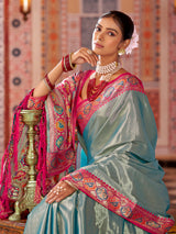 Dista Elora Rama Zari Tissue Solid Banarasi Silk Woven Jacquard Work Designer Saree, view 5