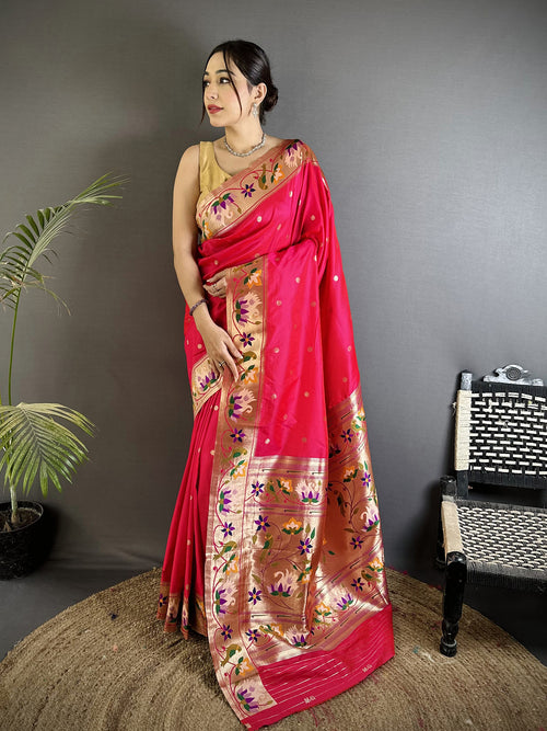 Dista Elora Rani Pink Lichi Silk Floral & Meena Weaving Zari Worked Paithani Saree