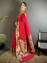 Dista Elora Rani Pink Lichi Silk Floral & Meena Weaving Zari Worked Paithani Saree, view 2