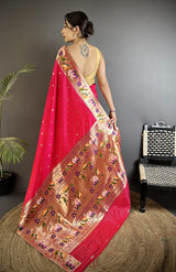 Dista Elora Rani Pink Lichi Silk Floral & Meena Weaving Zari Worked Paithani Saree, view 3