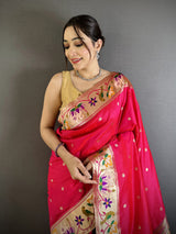 Dista Elora Rani Pink Lichi Silk Floral & Meena Weaving Zari Worked Paithani Saree, view 4