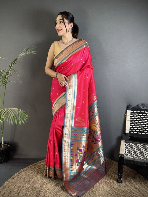 Dista Elora Rani Pink Lichi Silk Floral Motifs Zari Weaving Paithani Saree