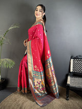 Dista Elora Rani Pink Lichi Silk Floral Motifs Zari Weaving Paithani Saree, view 2