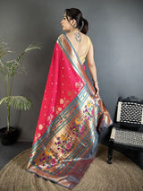 Dista Elora Rani Pink Lichi Silk Floral Motifs Zari Weaving Paithani Saree, view 3