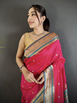 Dista Elora Rani Pink Lichi Silk Floral Motifs Zari Weaving Paithani Saree, view 4