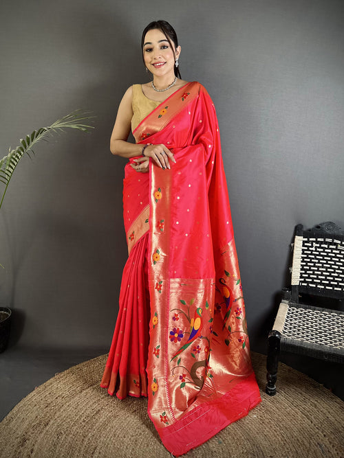 Dista Elora Rani Pink Lichi Silk Parrot & Floral Woven Design Zari Weaving Paithani Saree