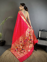 Dista Elora Rani Pink Lichi Silk Parrot & Floral Woven Design Zari Weaving Paithani Saree, view 2