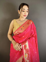 Dista Elora Rani Pink Lichi Silk Parrot & Floral Woven Design Zari Weaving Paithani Saree, view 3